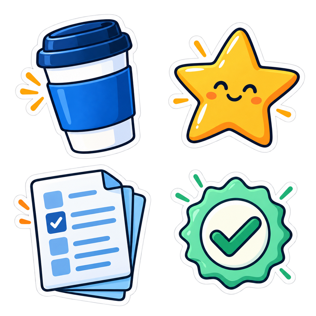 Playful coffee, star, document, and achievement stickers